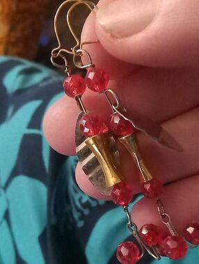 Handmade Red Bead Dangle Earrings - Elegant Two-Tone Metal Accent Previously Fis